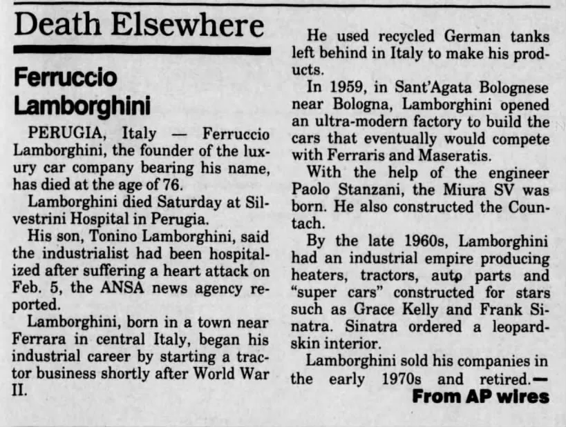 Articol despre moartea lui Ferruccio Lombarghini în 1993