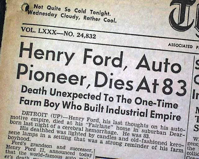 Articol despre moartea lui Henry Ford 1947
