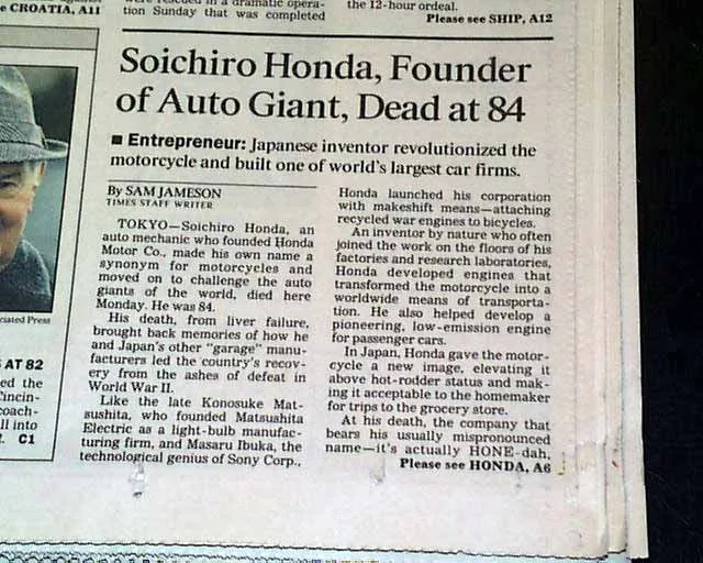 Primul raport despre moartea lui Soichiro Honda - Los Angeles Times 1991